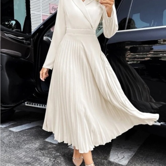 New, Beige Lapel Collar Pleated Hem Dress, Size Large - Picture 4 of 16